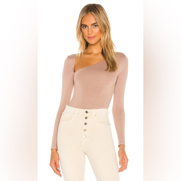 Lovers & Friends Cullen Bodysuit Asymmetrical Long Sleeve Taupe Women's Small - Picture 2 of 9